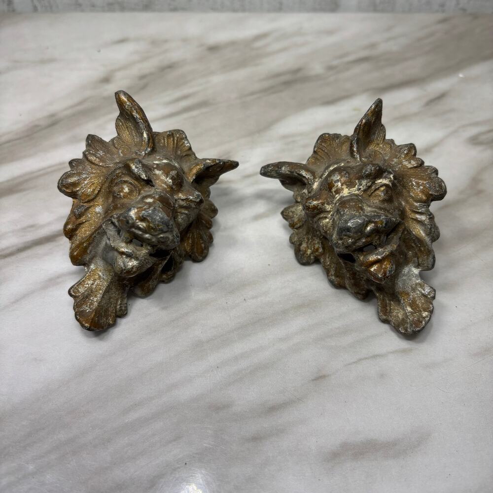 Vintage Solid Brass Lion Head Drawer Pulls Set of 2
